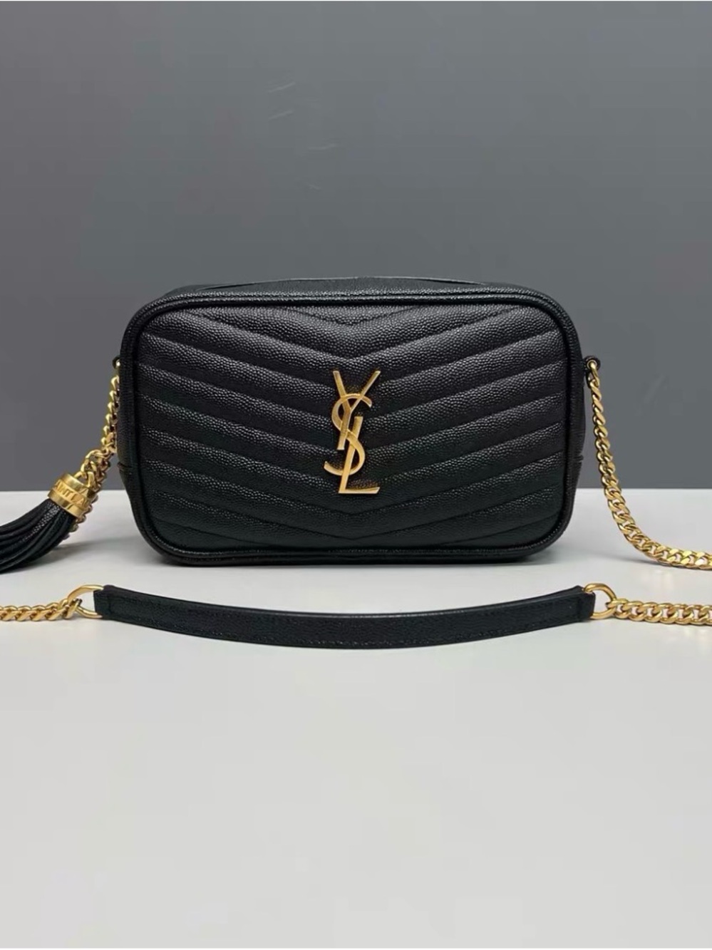 Yves Saint Laurent Black Chevron Quilted Camera Bag with Gold Hardware